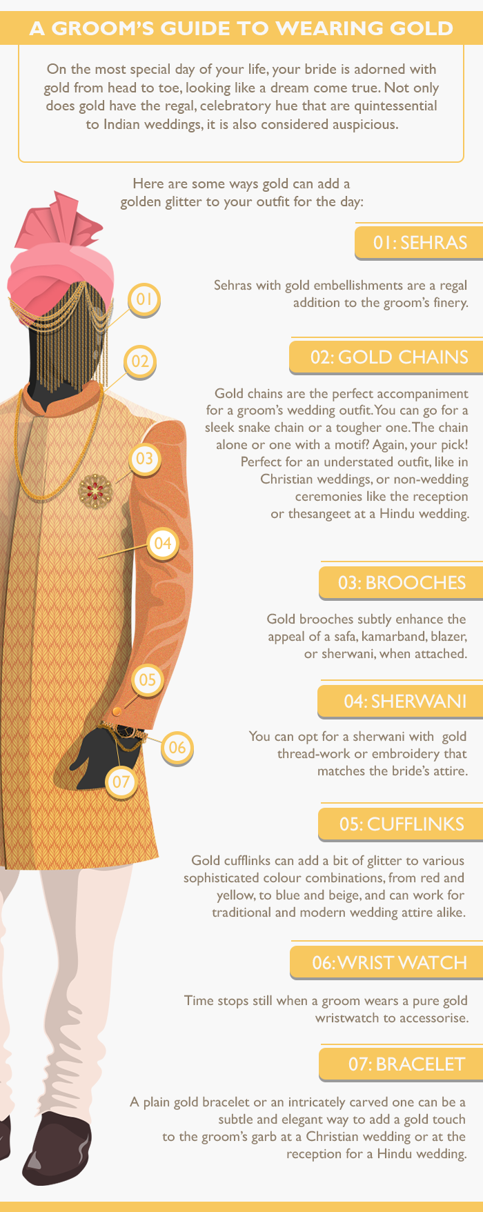 Gold jewellery is also worn by grooms in India to add glitter to the wedding outfit . Take a look at various gold jewellery options which grooms can consider to add appeal to their outfit.