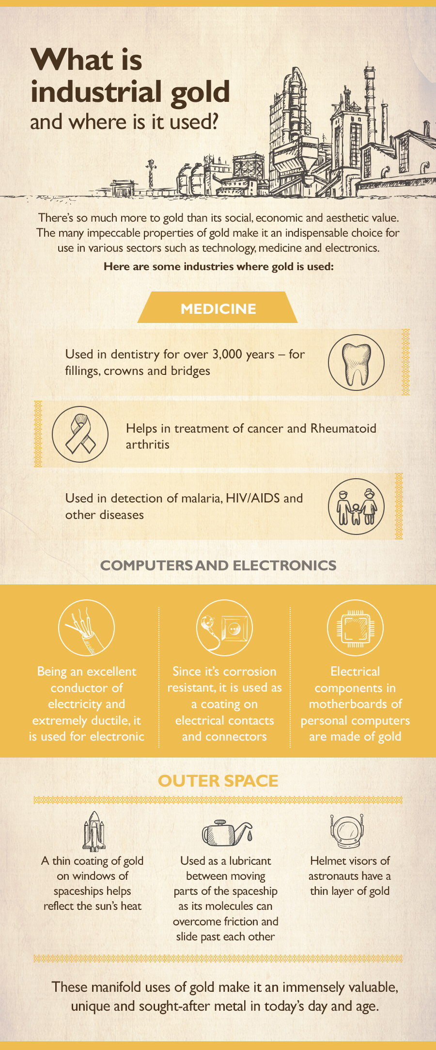 Gold has a number of industrial uses from radiation shielding on satellites to its value as a conductor of electricity in majority of the electronic devices